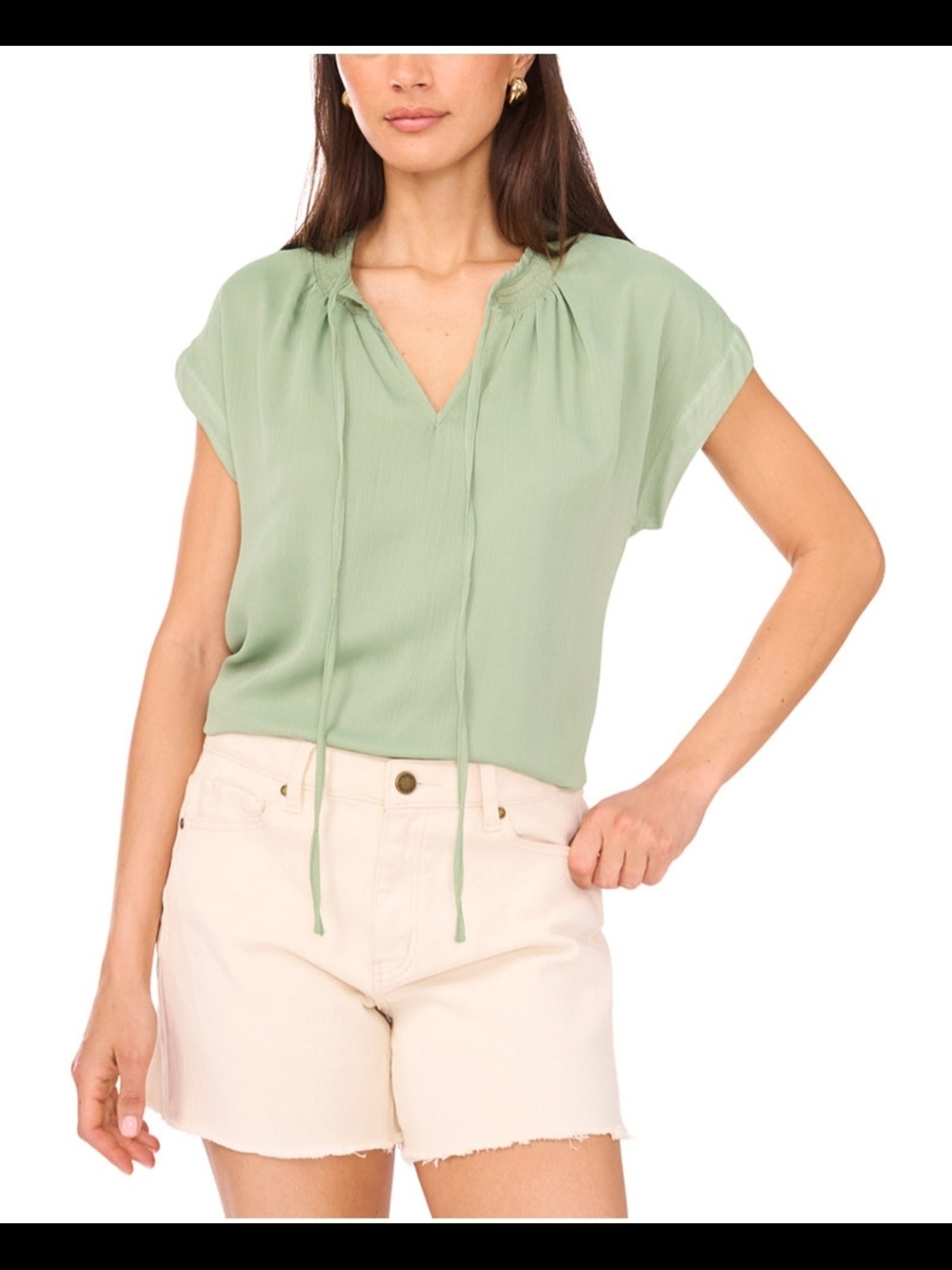 Vince Camuto Eucalyptus Green Smocked Tie-Neck Cap Sleeve Peasant Blouse NWT